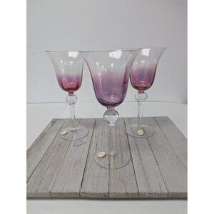 Set of 3 Crystal Romania Clear Glass Goblet  Pink Purple 9" Wine Water